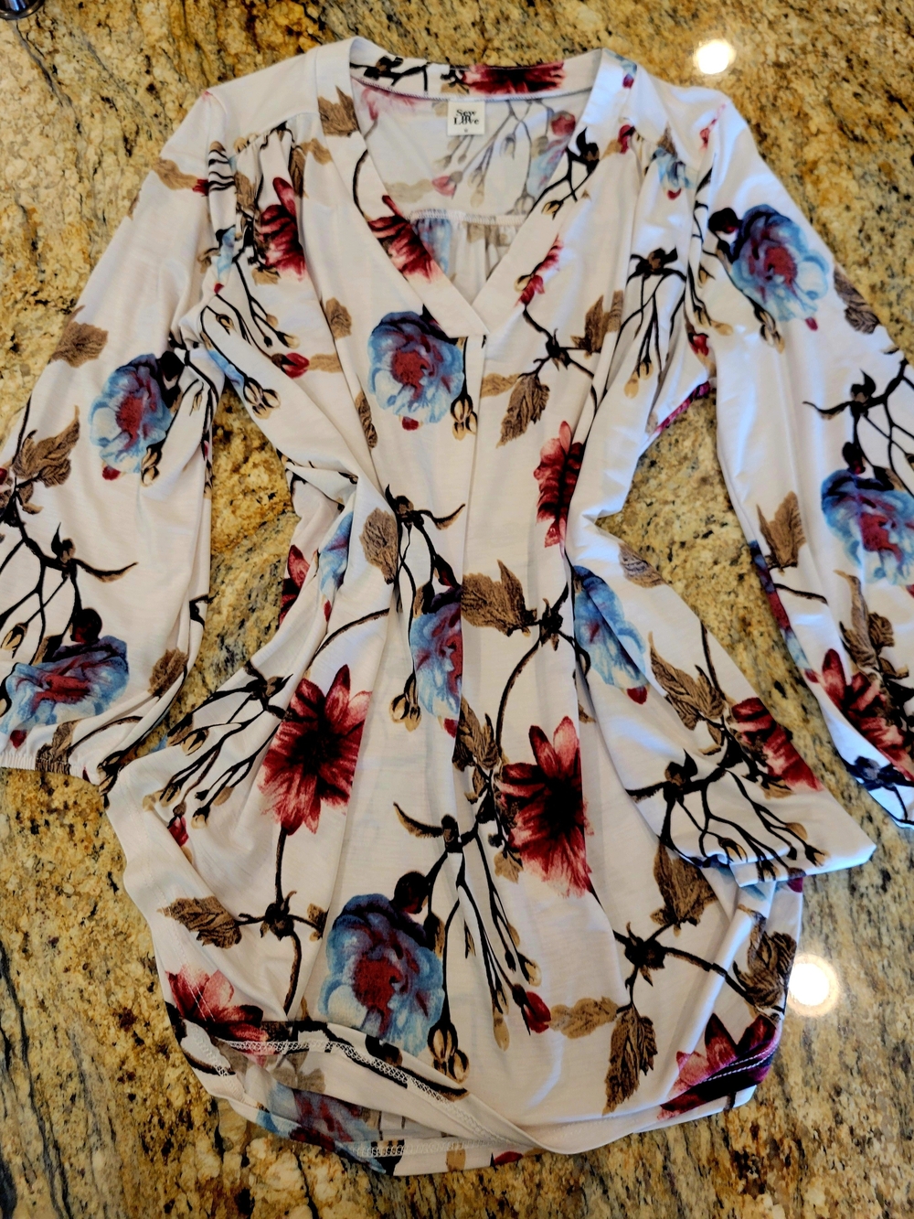 Sew In Love Floral V-Neck Long Sleeve Top - White with Blue & Red Flowers